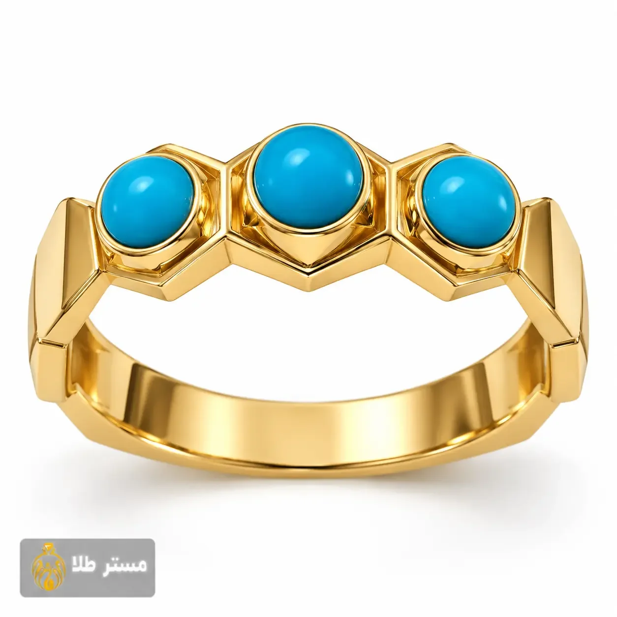 خرید و قیمت انگشتر طلا زنانه ۱۸ عیار مدل سه نگین آبی هندسی